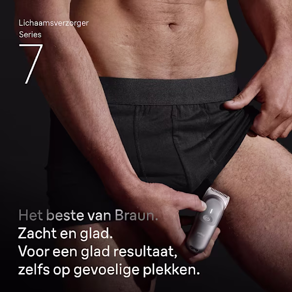 Mediumfoto van de lies van een man terwijl hij de Braun Lichaamsverzorger Series 7 op zijn binnendij gebruikt