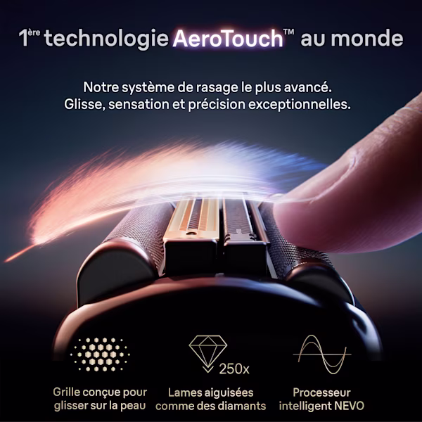Doigt touchant la tête du Rasoir électrique NEVO Braun, illustrant la technologie AeroTouch et d'autres avantages. Doigt touchant la tête du Rasoir électrique NEVO Braun, illustrant la technologie AeroTouch et d'autres avantages.
