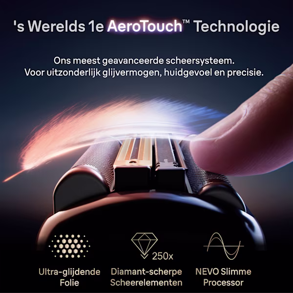Vinger die de Braun NEVO scheerapparaatkop aanraakt en de AeroTouch-technologie en andere voordelen toont. Vinger die de Braun NEVO scheerapparaatkop aanraakt en de AeroTouch-technologie en andere voordelen toont.