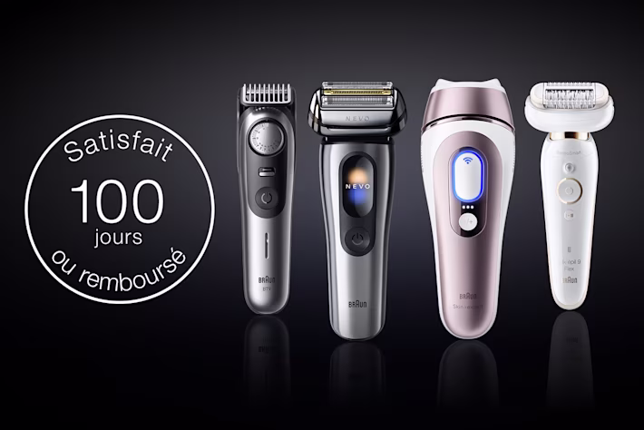 Gamme de produits Braun : tondeuse à barbe, Series 9 Pro+, Skin i·expert 7 et Silk·épil 9 Flex, sur fond noir.