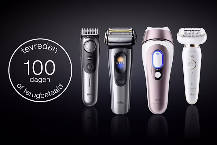 Het productassortiment van Braun: baardtrimmer, Series 9 Pro+, Skin i·expert 7 en Silk·épil 9 Flex, tegen een zwarte achtergrond.
