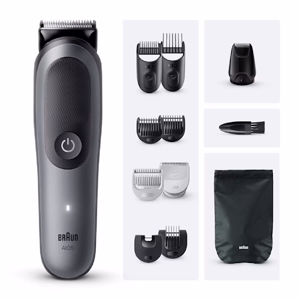 Divers outils et accessoires faisant partie de la tondeuse Tout-en-un Series 5 Braun