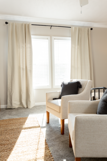 Curtains hung in a mobile home. 