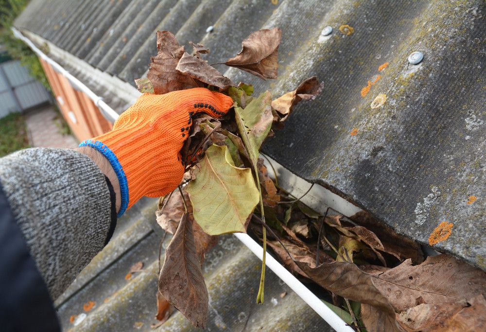 Someone removing leaves from a gutter with bright orange gloves.