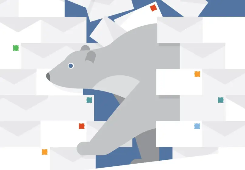 The cover of a PDF discussing ways to stay on top of bills with an image of a polar bear and envelopes. 