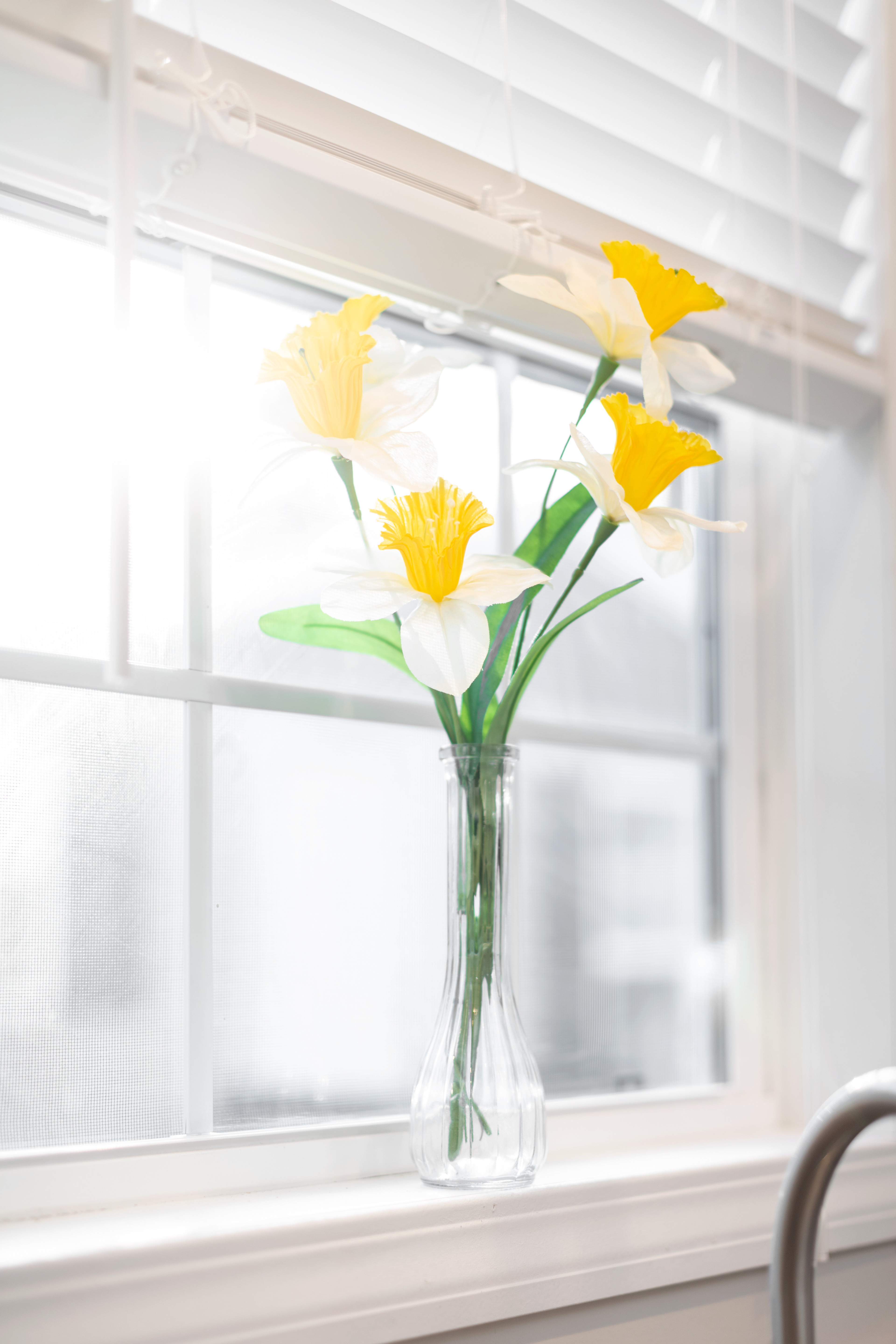 Daffodils in a vase sitting on a window seal 