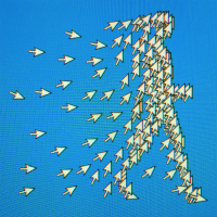 Figure of a person walking made up of computer desktop arrows. 