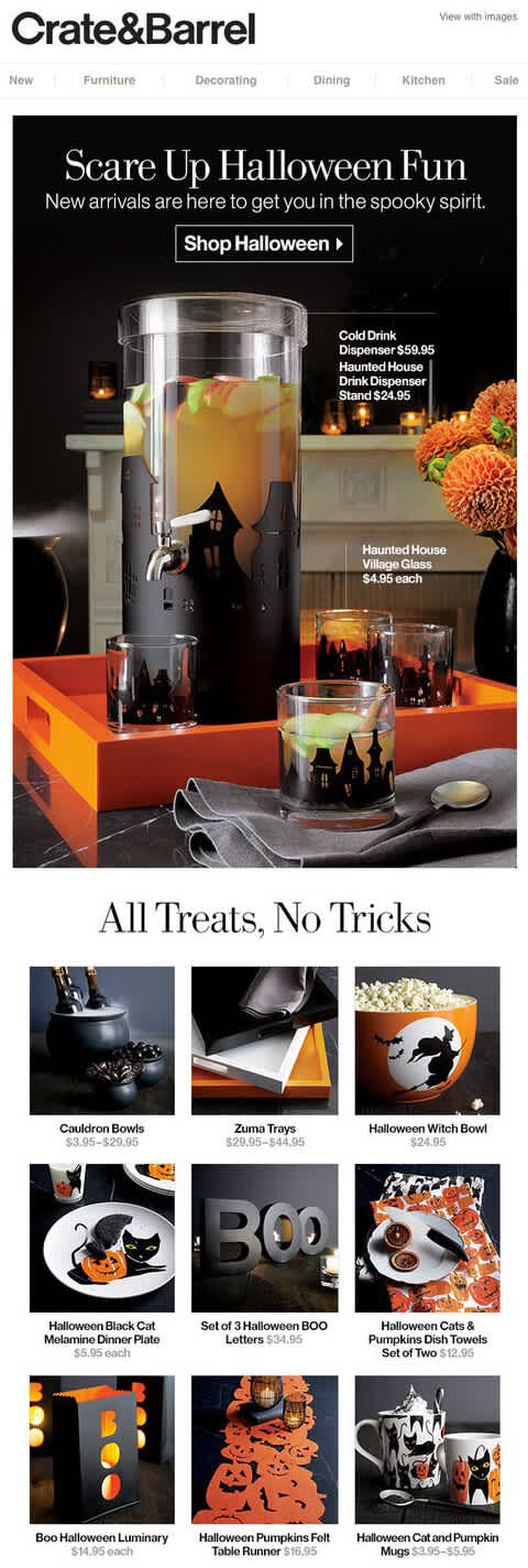 Halloween email template displaying selection of Halloween products