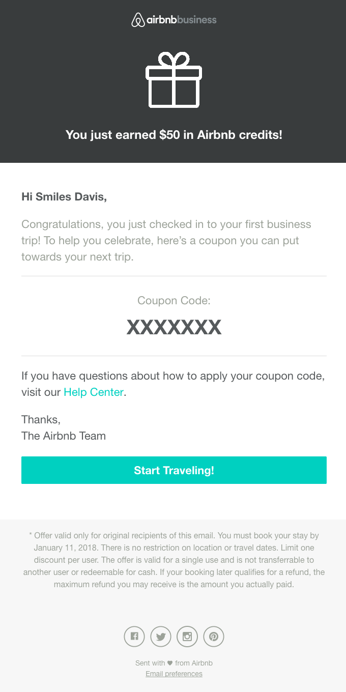 Airbnb reward email