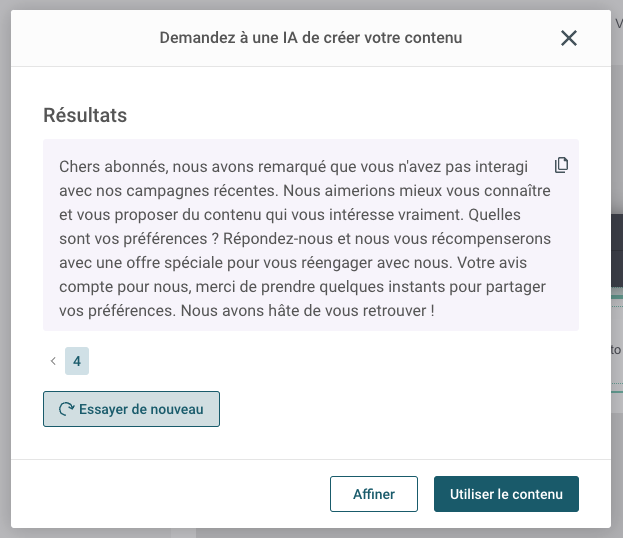 Exemple d’une newsletter de réengagement conçue grâce au générateur de texte de Sinch Mailjet par IA