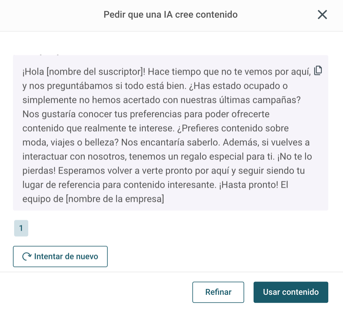 Ejemplo de newsletter de reenganche generada por IA gracias al Generador de textos de Sinch Mailjet