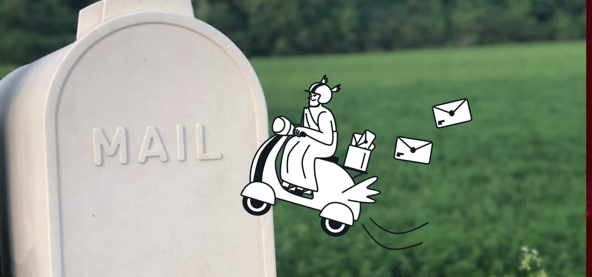Hermès sur une mobylette distribuant le courrier dans une boîte aux lettres