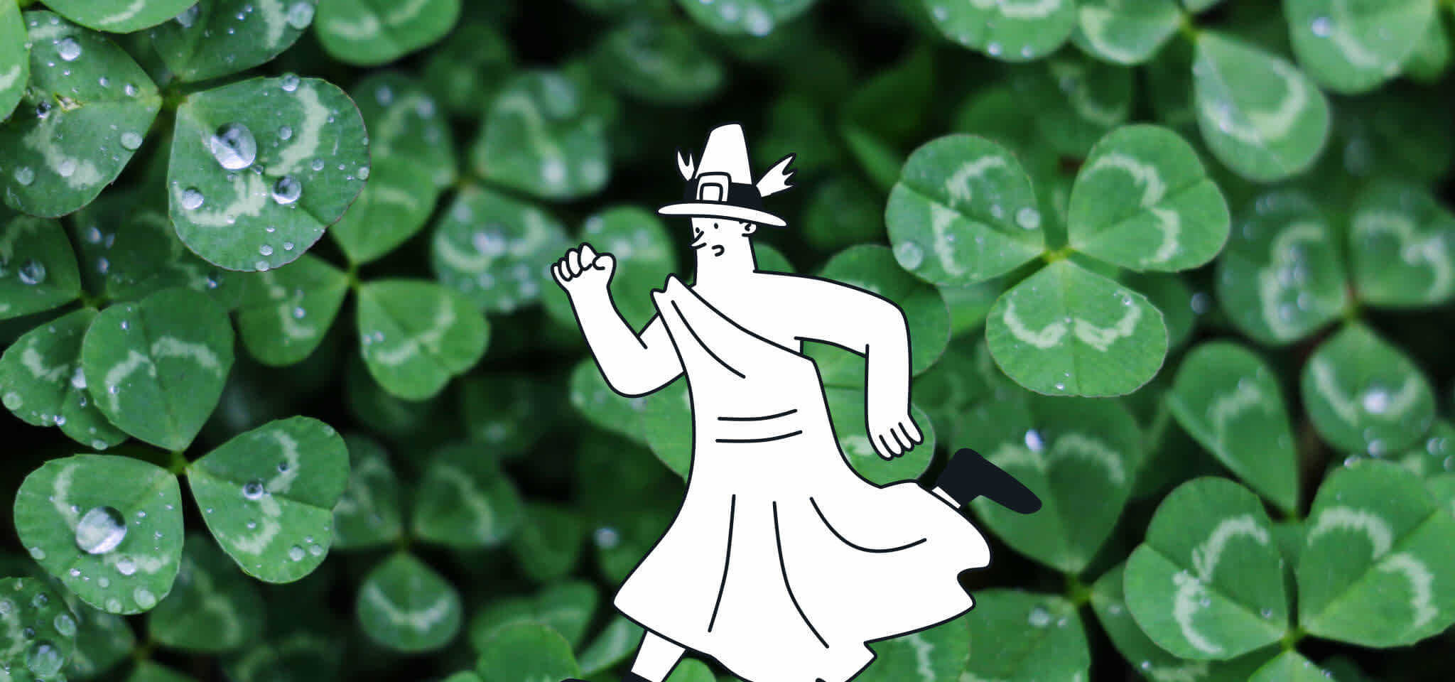 Hermes is running in front of a field of clovers