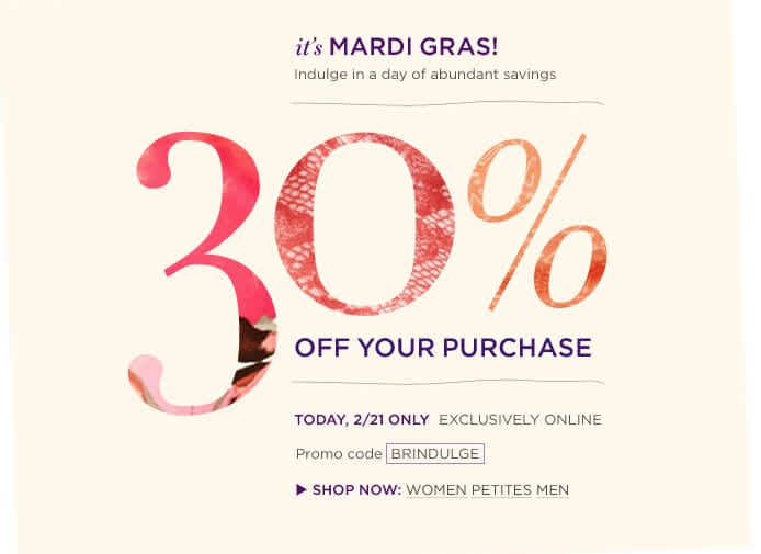 Mardi Gras campaign with a large 30% off heading.
