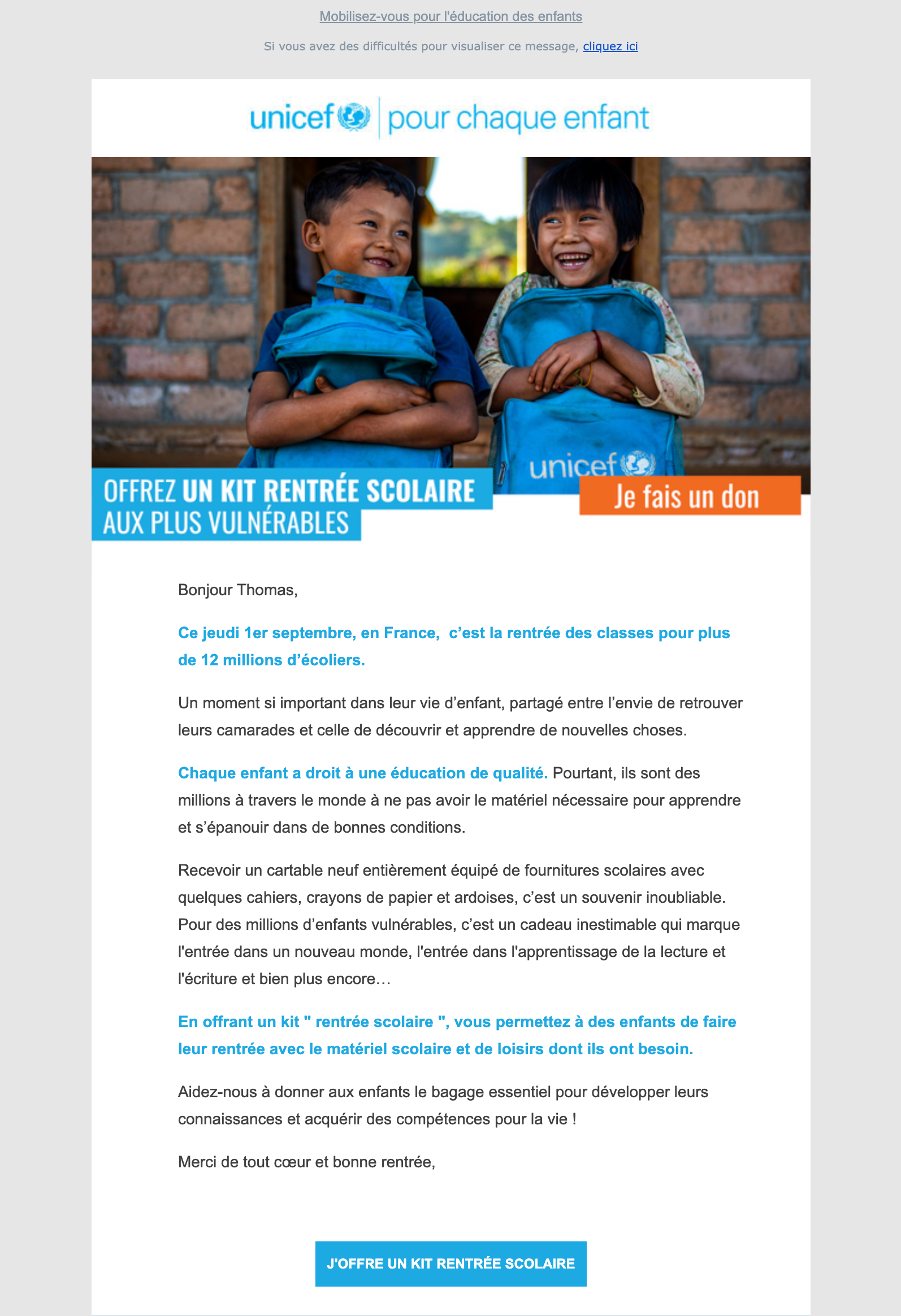 Capture d’écran d’un email envoyé par l’UNICEF à l’occasion de la rentrée scolaire