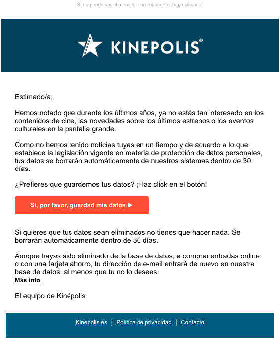 Captura de pantalla de un email de Kinepolis anunciando la baja en sus listas.