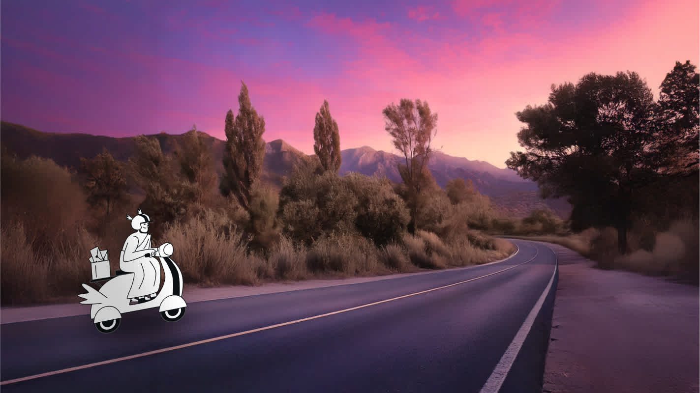 Greek god on a moped rides towards a mountain sunset.