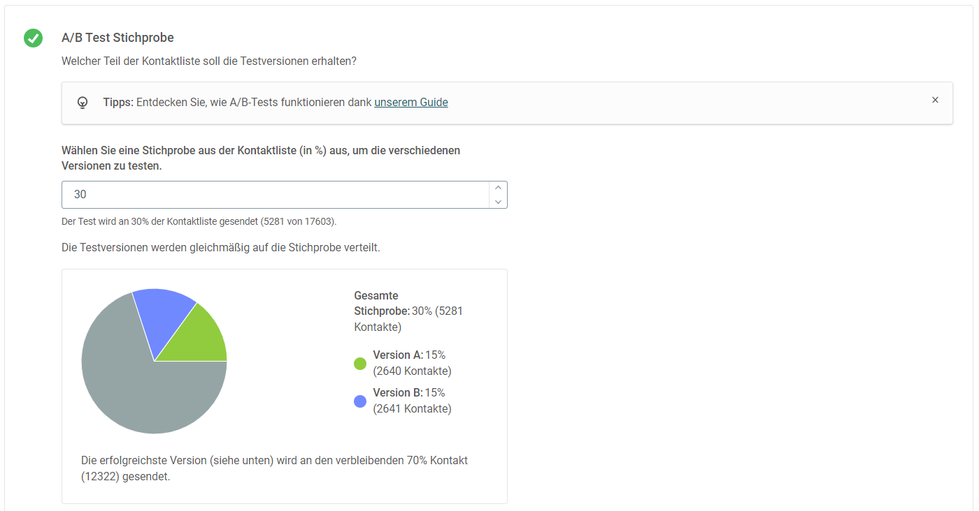 Abbildung, die zeigt, wie eine beliebige Strichprobengröße bei Mailjet ausgewählt wird.