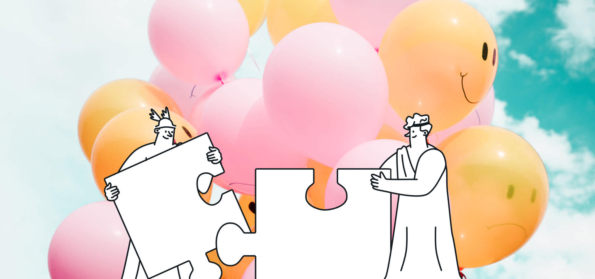 Les dieux assemblent un puzzle devant les ballons colorés