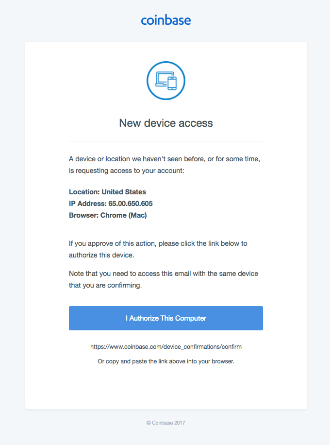 New device access email from Coinbase