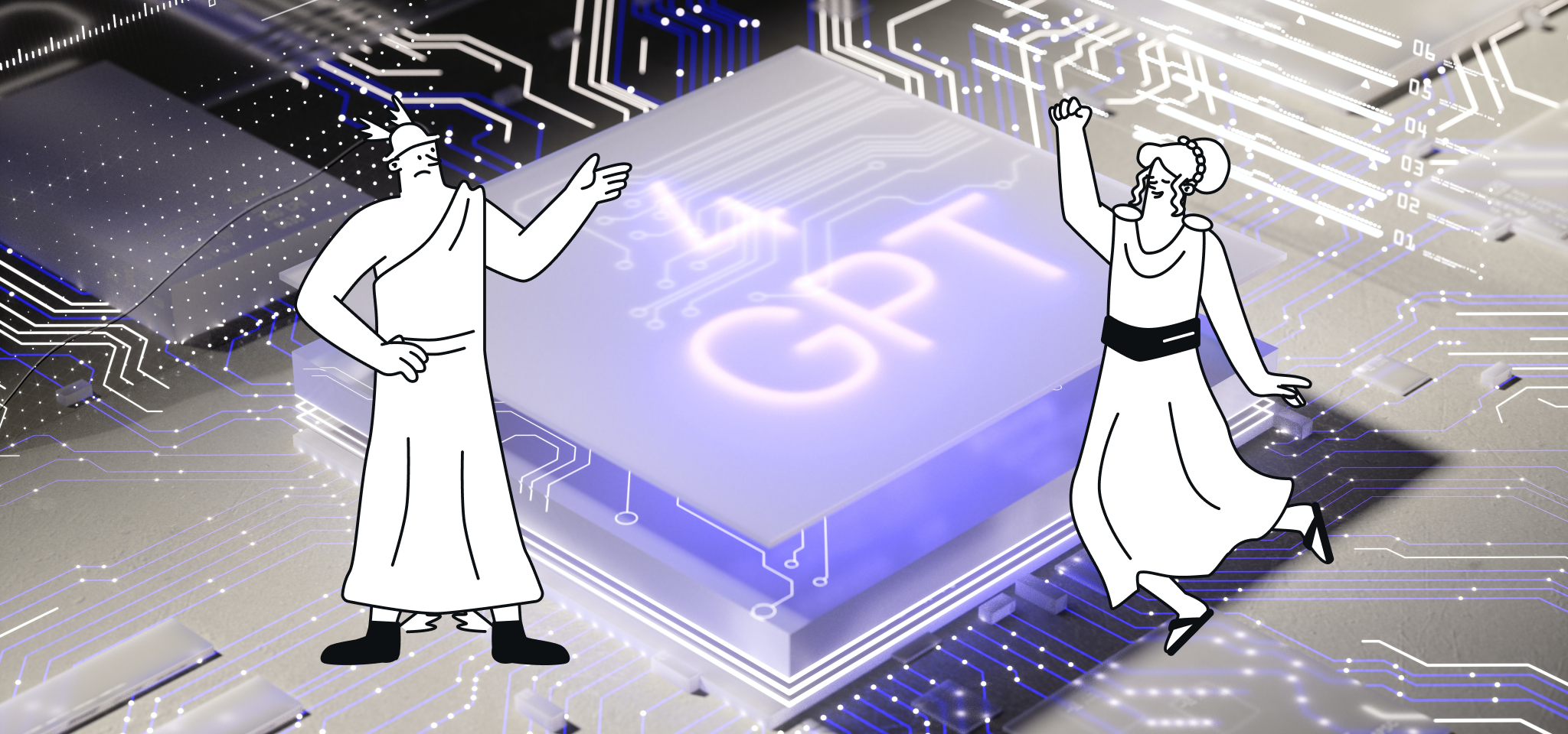 A worried god and an enthusiastic goddess in front of a ChatGPT branded microchip