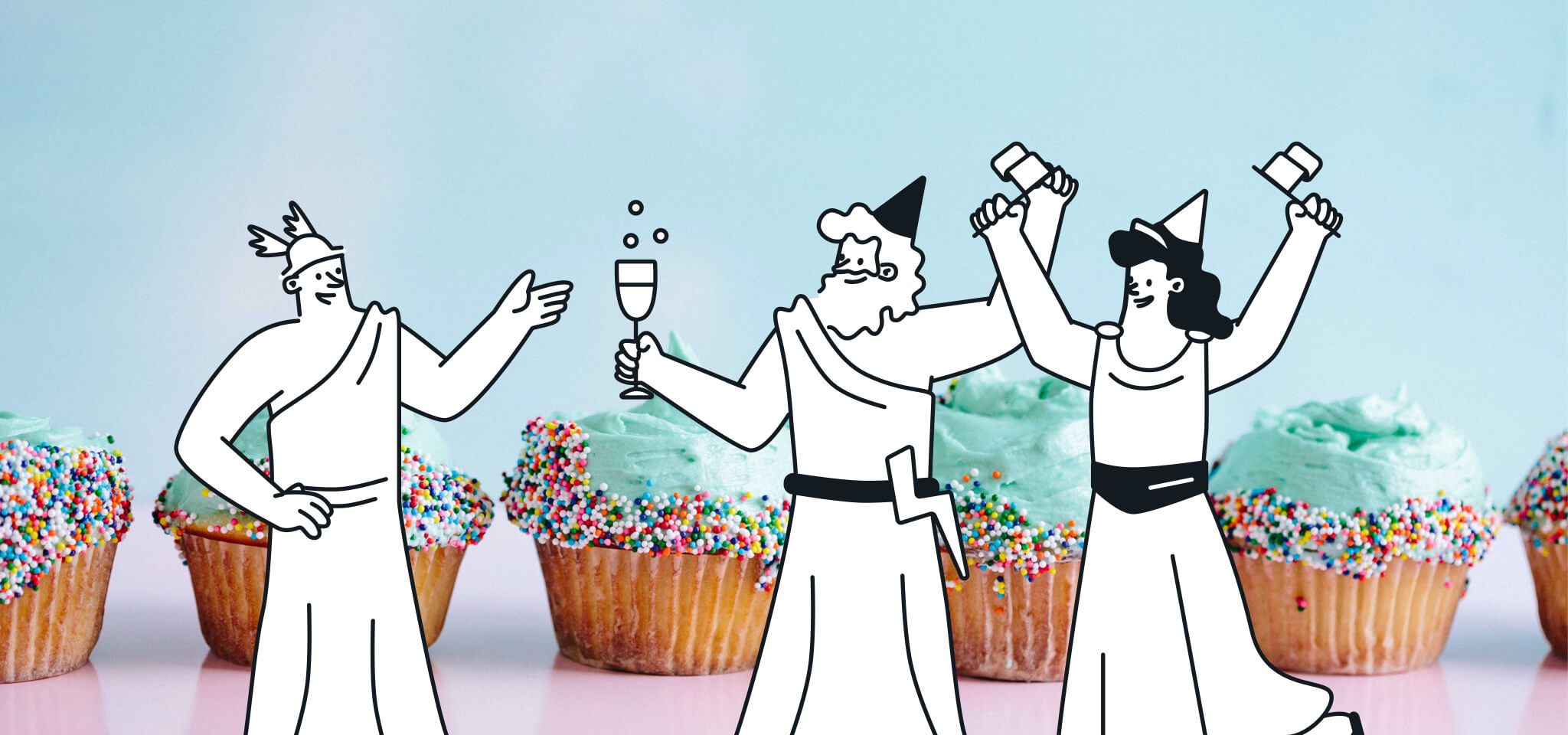 3 gods celebrating with blue cupcakes