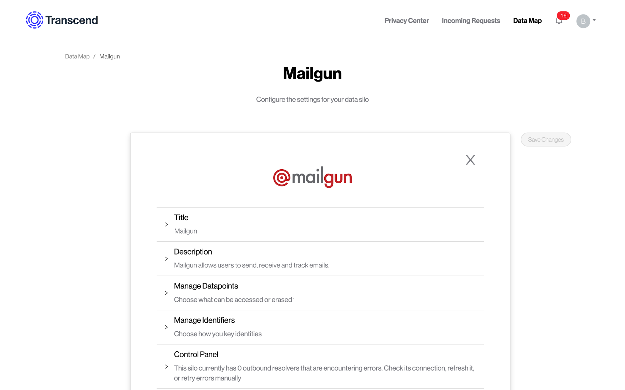Setting up Mailgun to Transcend and data configuration page.