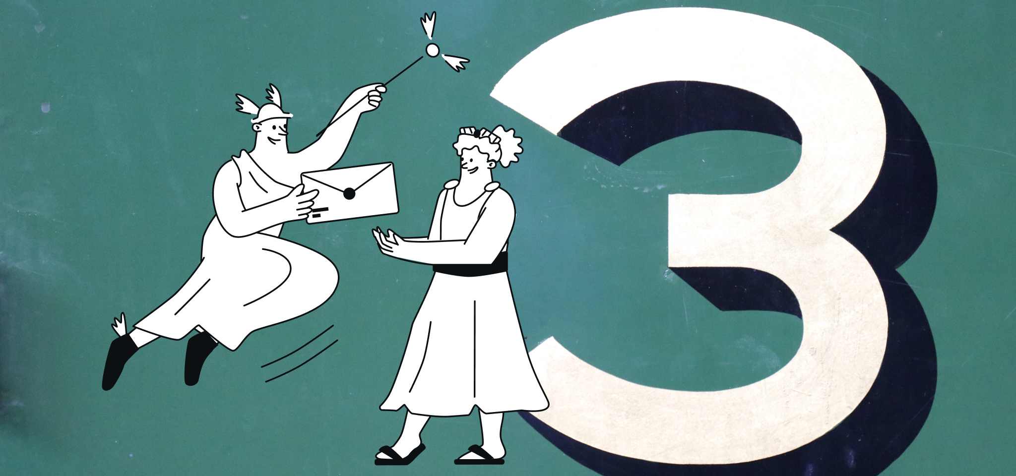 Hermes delivers an email to a goddess next to a big number three over a green background.