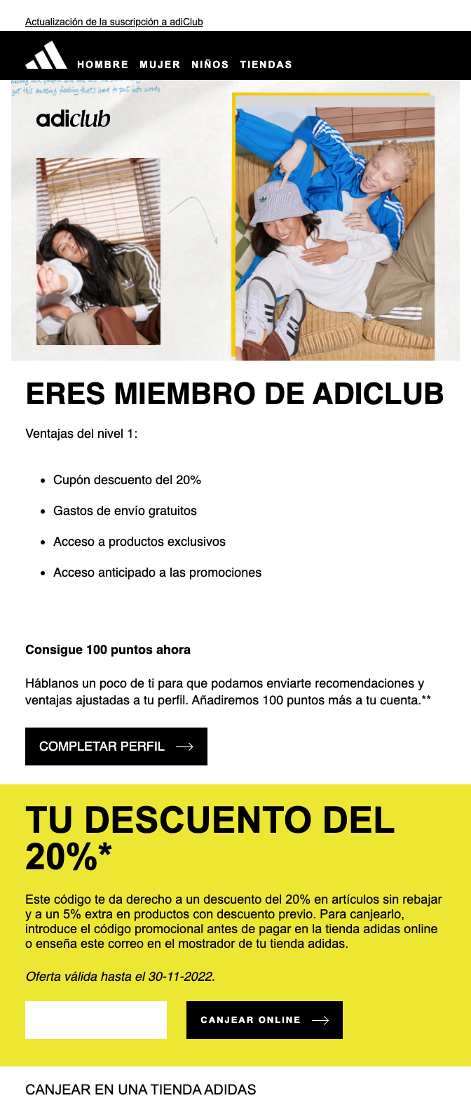 Email de bienvenida de Adidas, con un código de descuento del 20 % para tu siguiente compra.