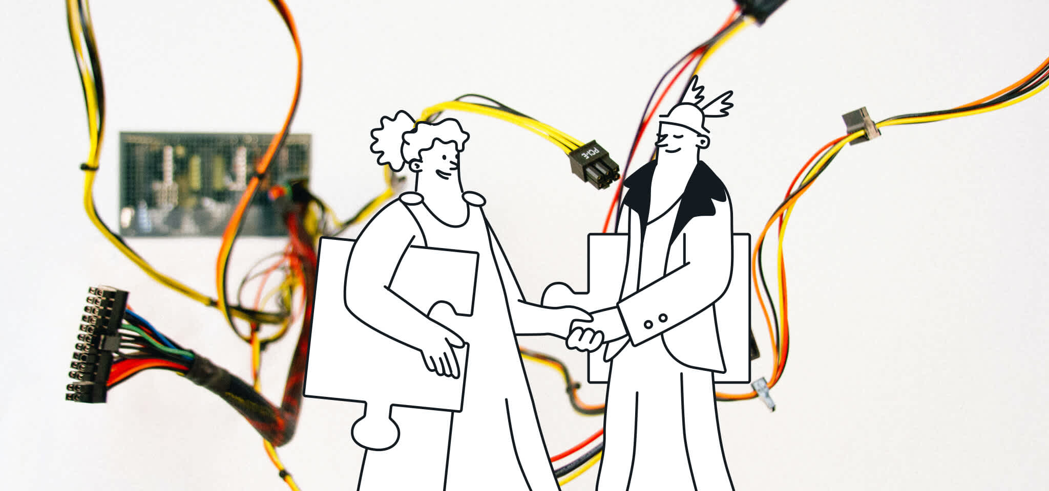 Gods with puzzle pieces in front of wires