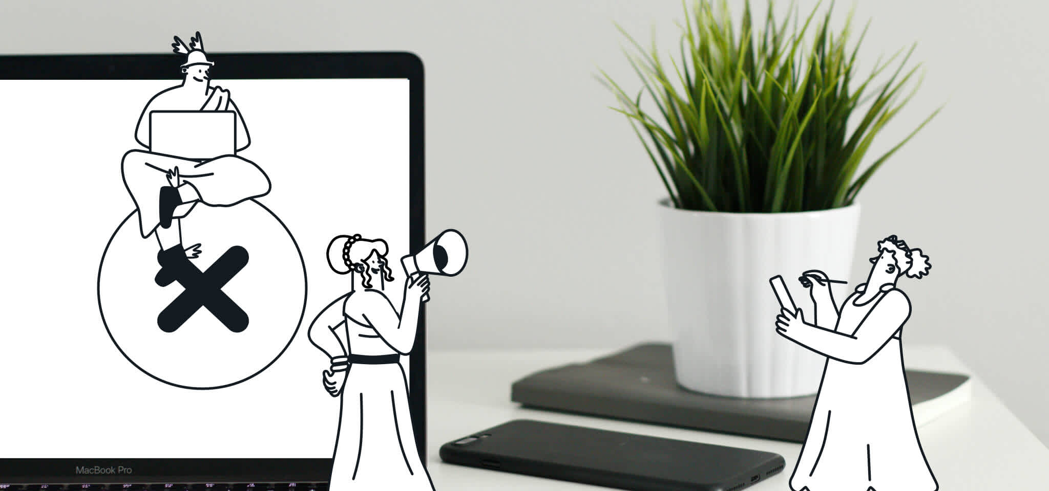 Gods in front of laptop screen and plant with megaphone and x sign