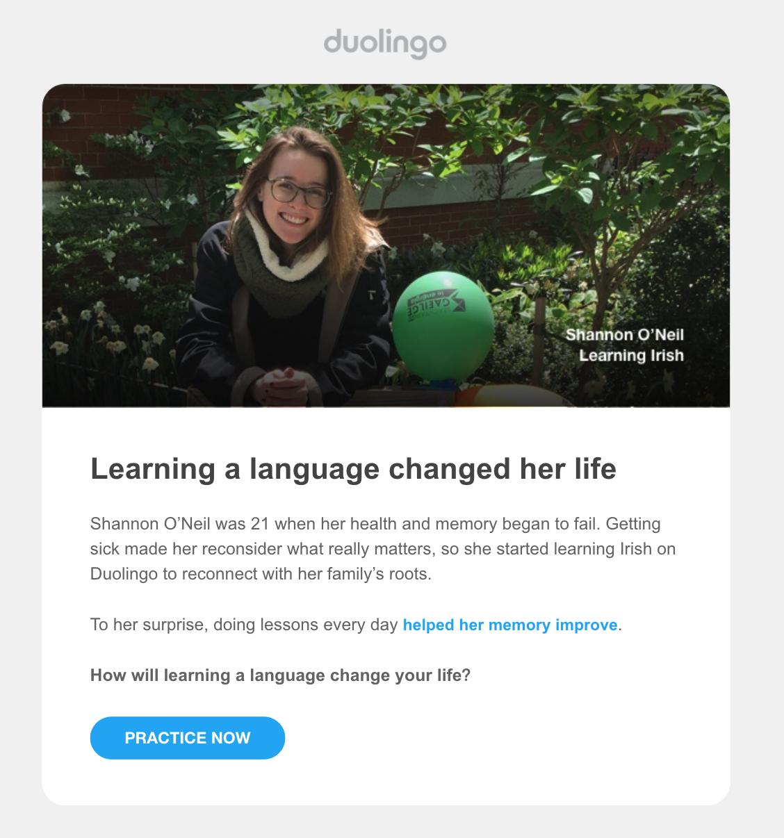 Email de Duolingo con la historia de un cliente