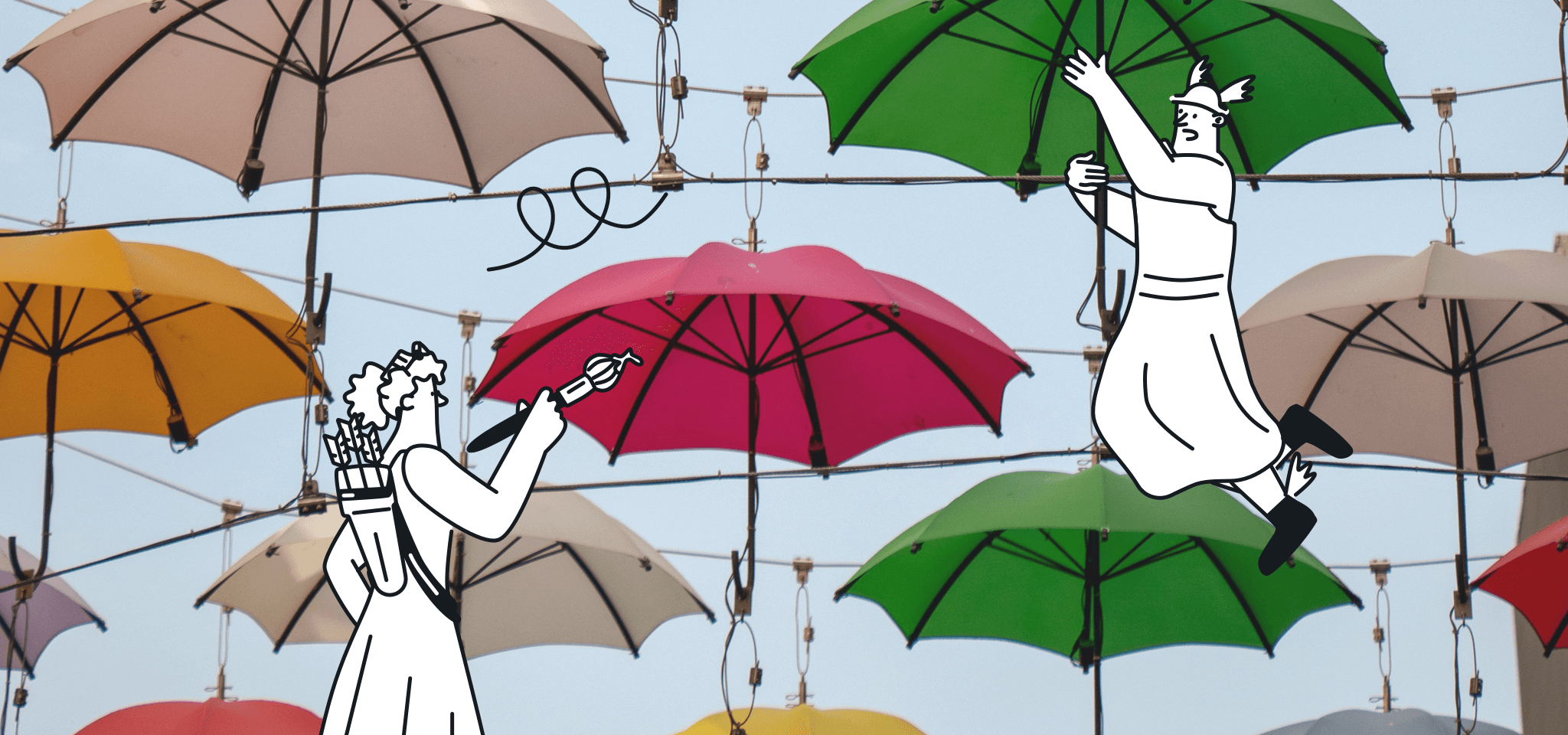 Hermès suspendu à un parapluie pendant qu'une déesse peint.