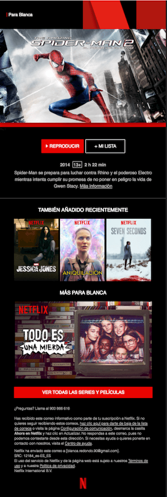 Ejemplo de newsletter de Netflix con contenido personalizado a medida