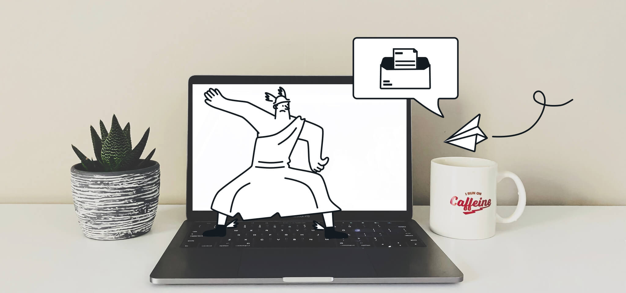 Hermes dancing on a laptop next to a mug