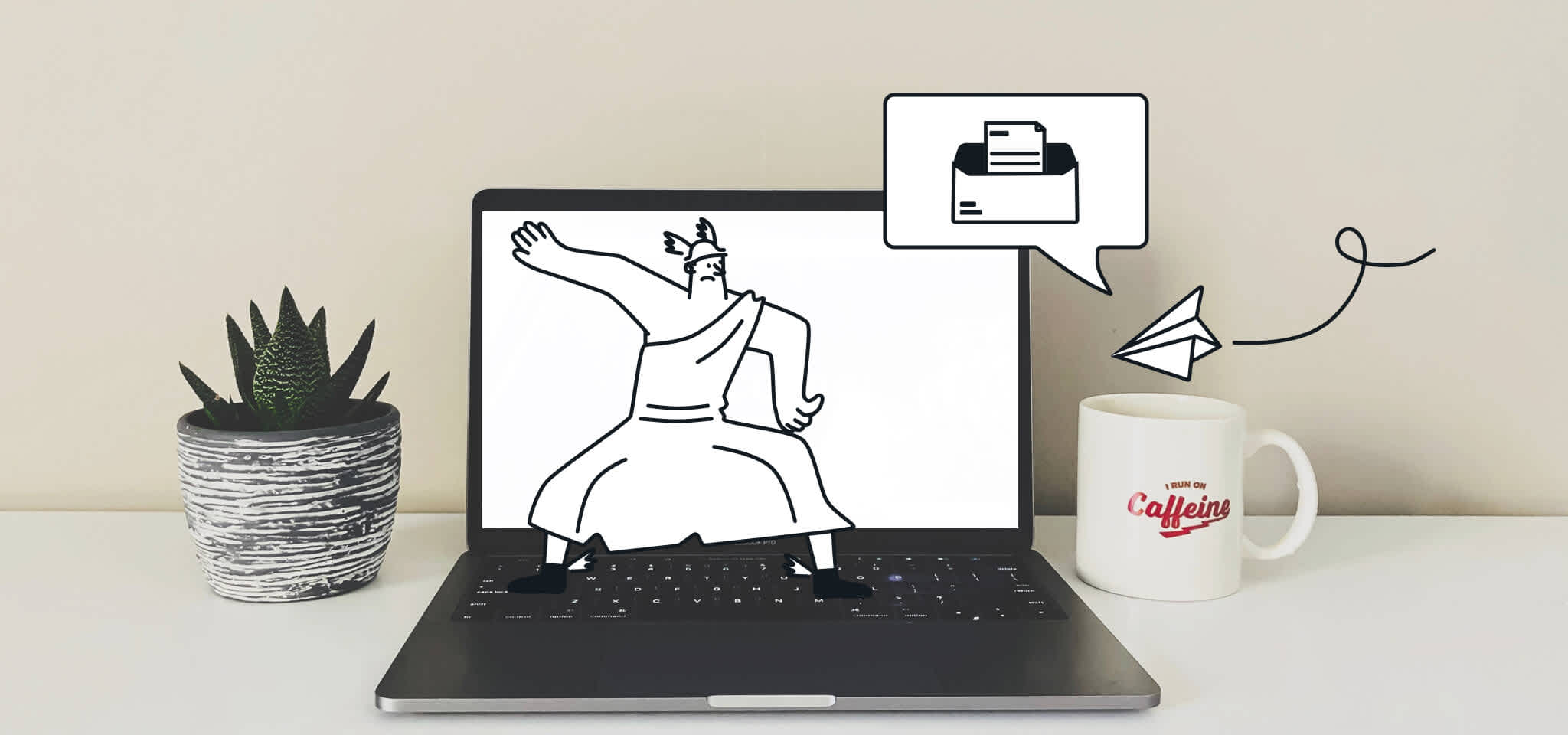 Hermès dansant sur un ordinateur portable à côté d'un mug