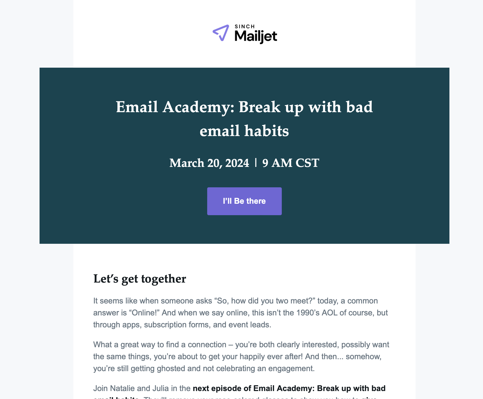 Un ejemplo de email sincronizado de un webinario de Sinch Mailjet.
