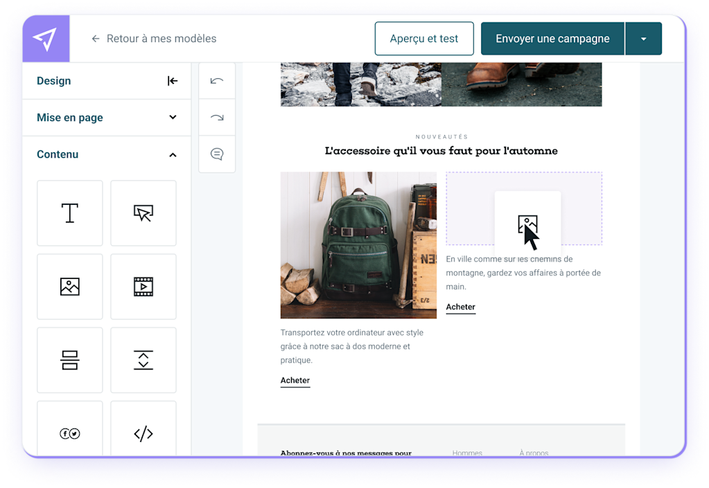 L’éditeur d’emails « drag-and-drop » de Mailjet.