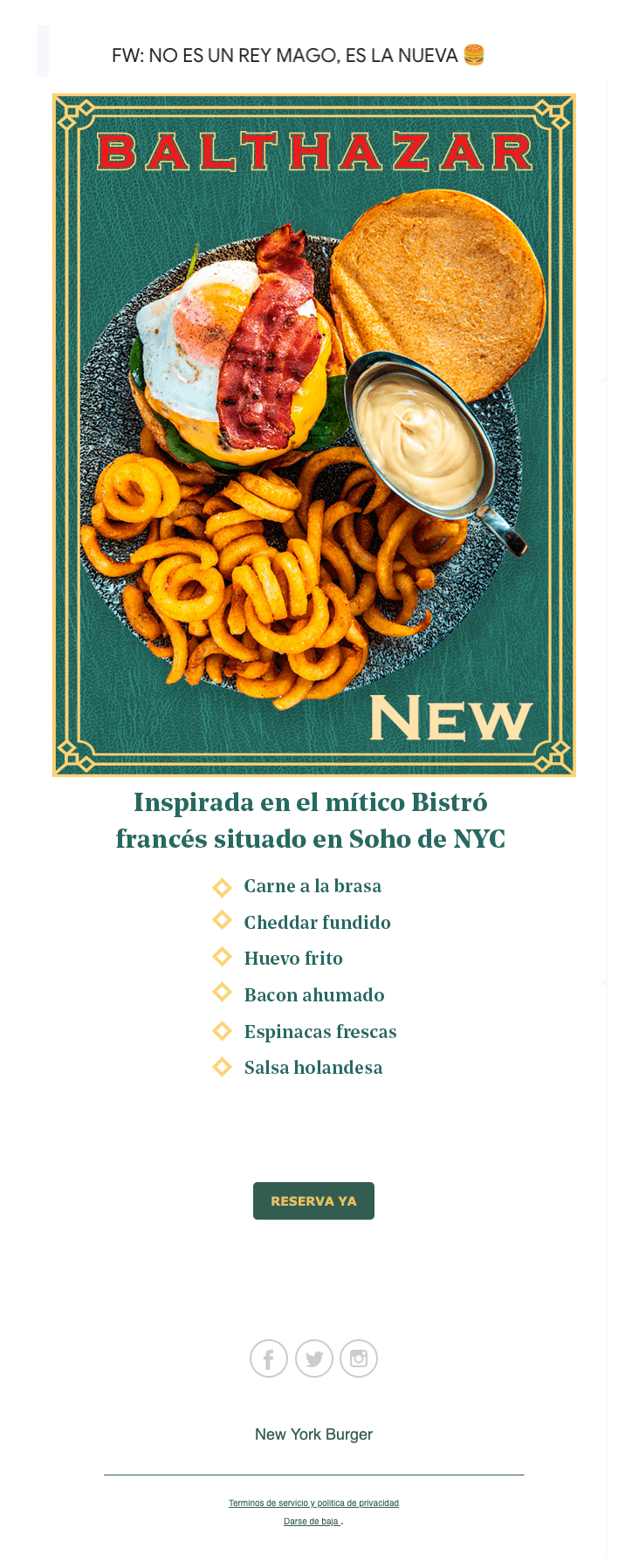 Un correo electrónico de New York Burger presentando su nueva hamburguesa.