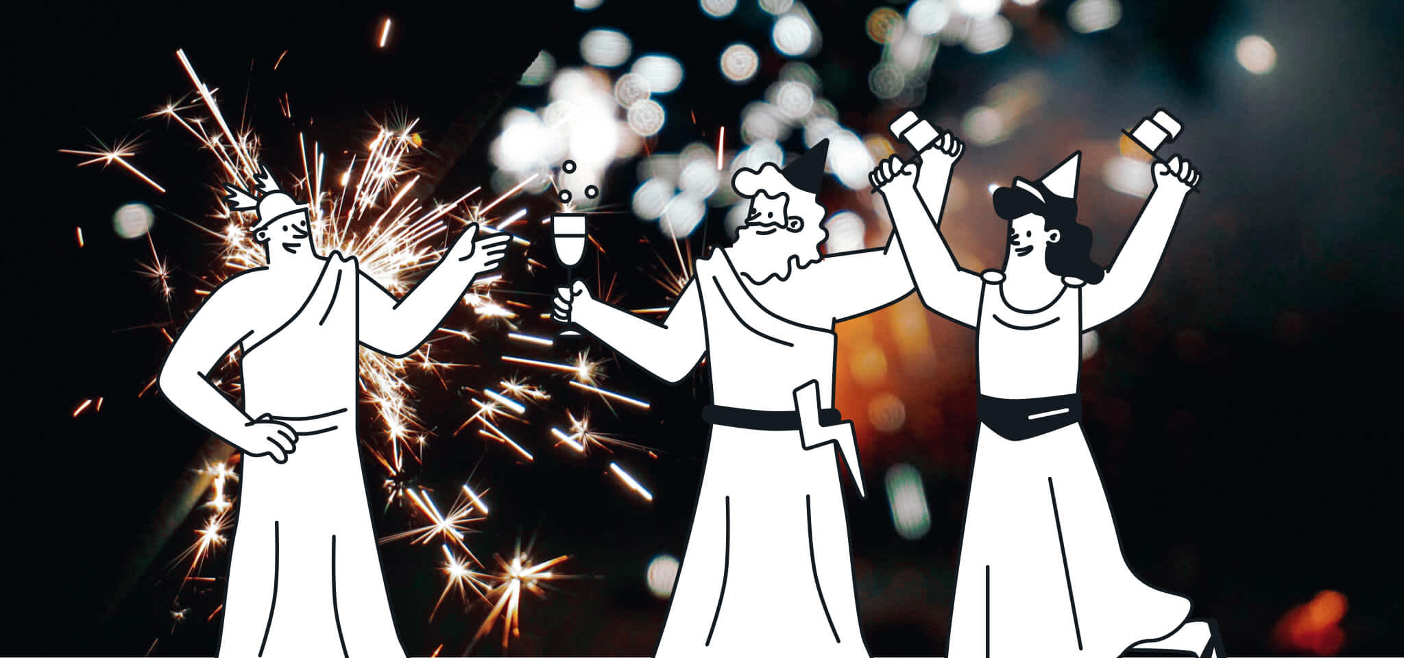 3 gods celebrating with sparklers in background