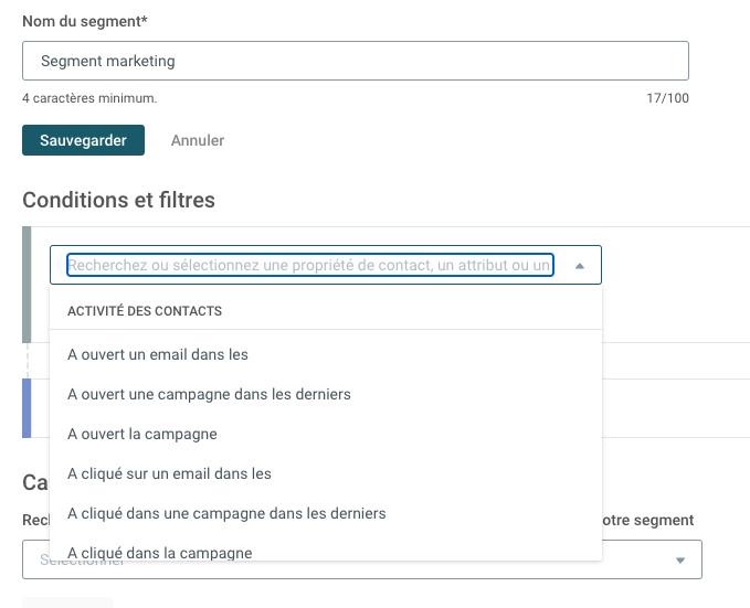 Capture d’écran des options de conditions de segmentation des emails dans Mailjet
