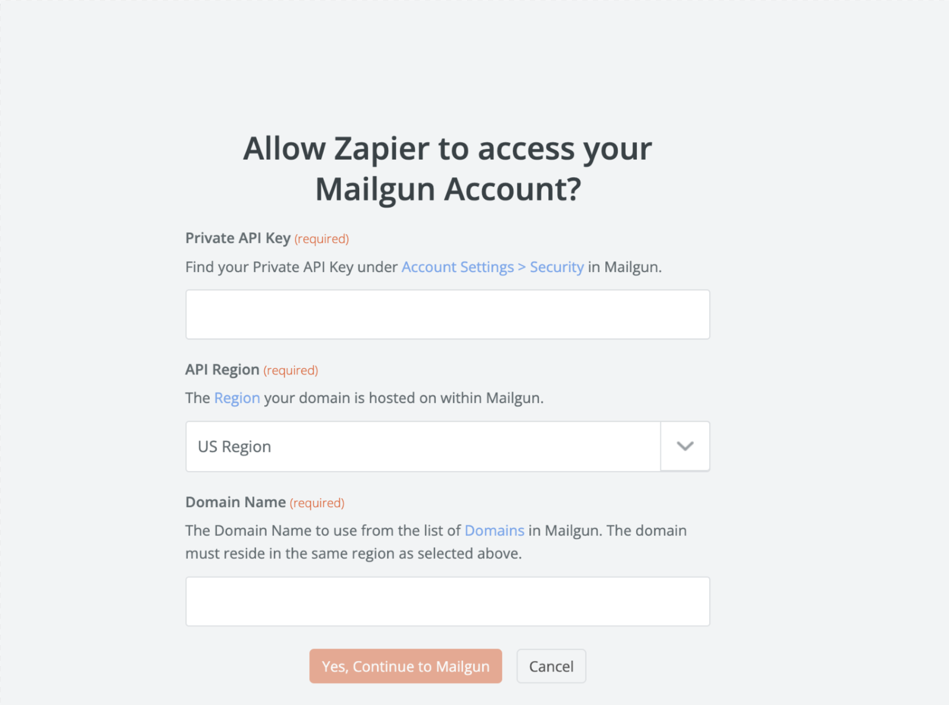 Screen asking for Zapier access to Mailgun account