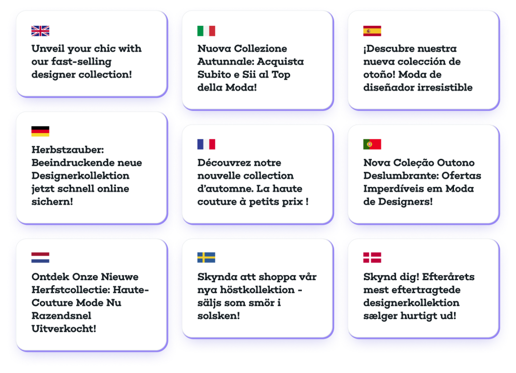 Des exemples de textes créés par le générateur de texte par IA de Mailjet, dans différentes langues