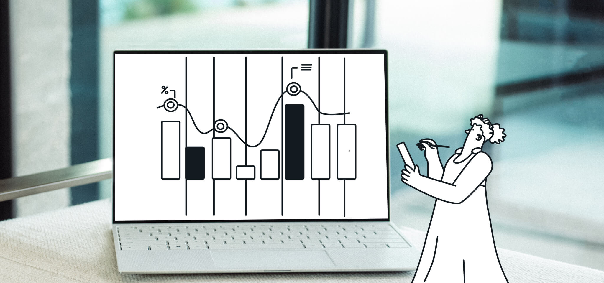 Une déesse analyse des statistiques sur un ordinateur portable