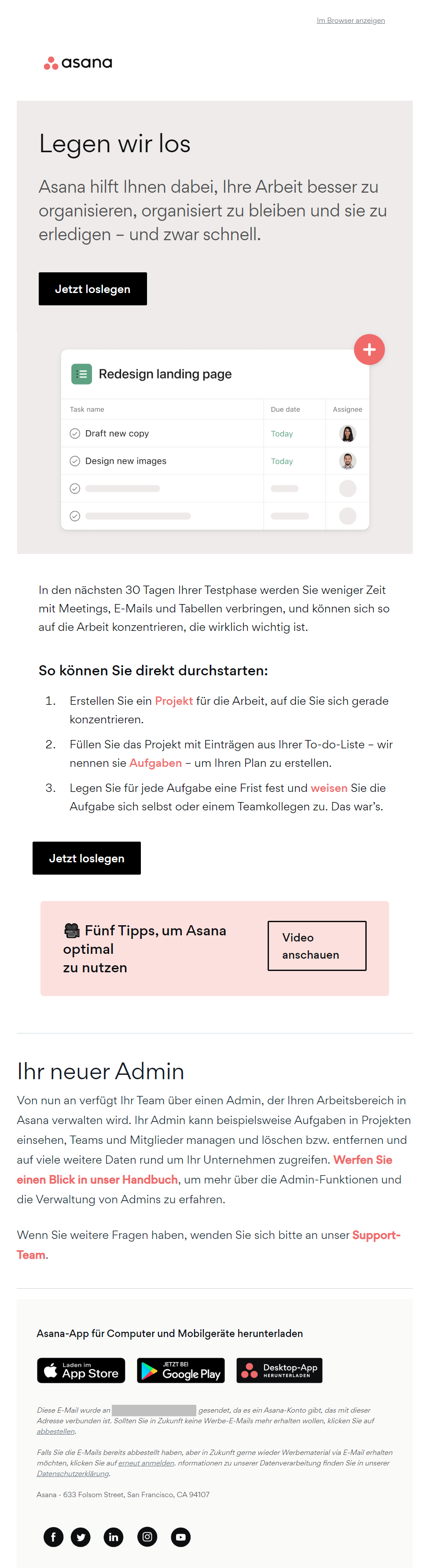 Kunden-E-Mail von Asana