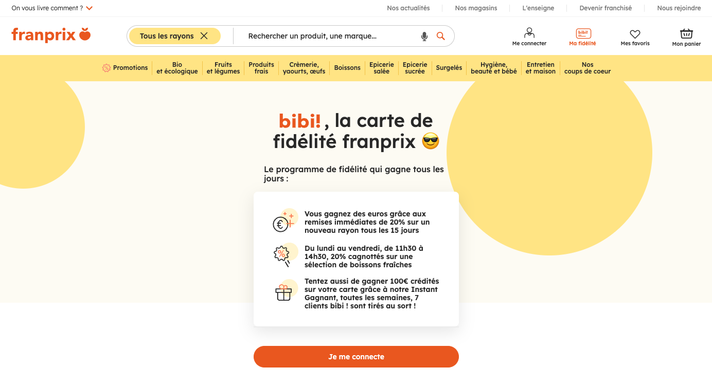 Capture de la landing page de Franprix promouvant la carte de fidélité bibi!