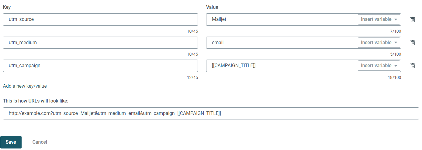 Tableau de bord de création de balise UTM sur Mailjet