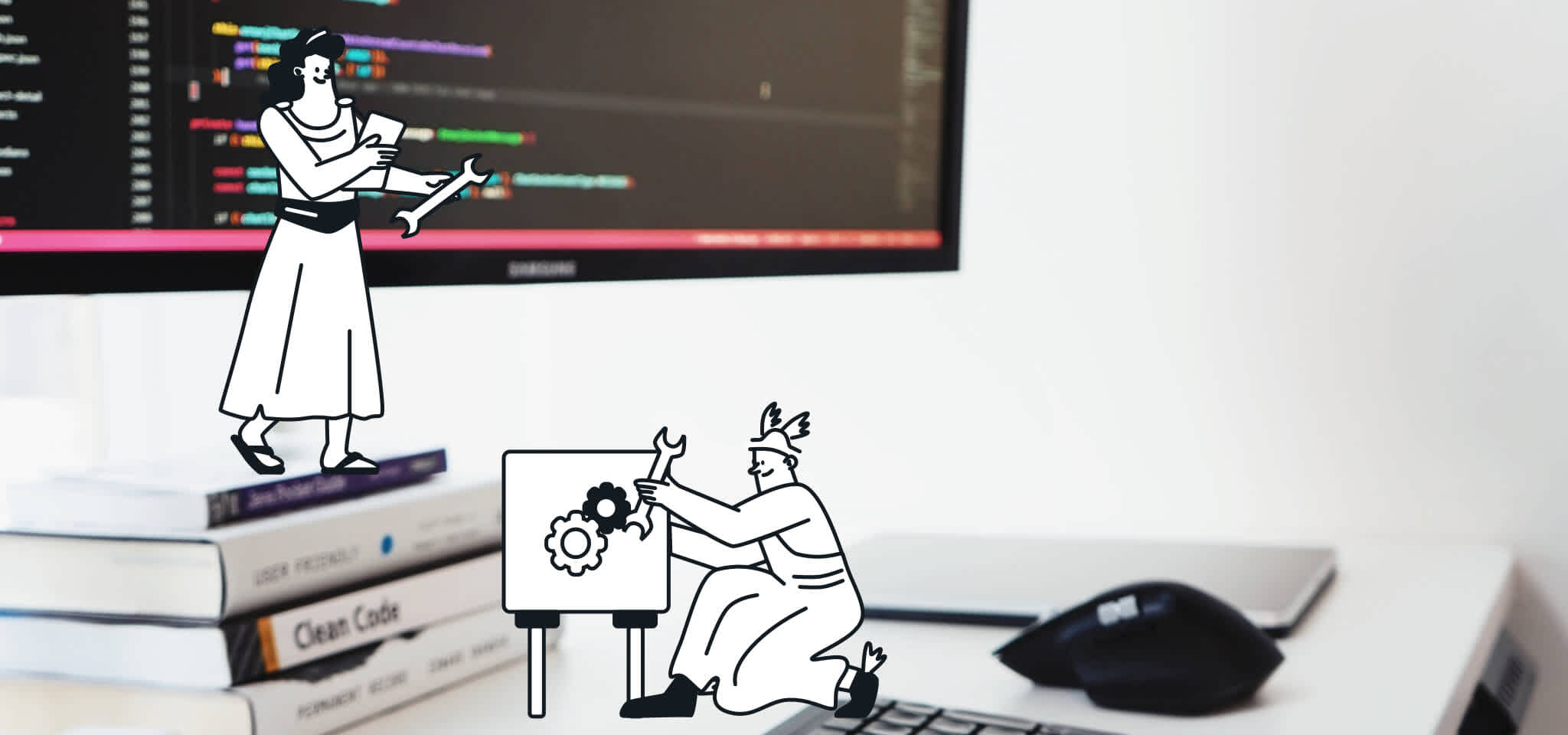 Des dieux utilisant des outils sur une pile de livres