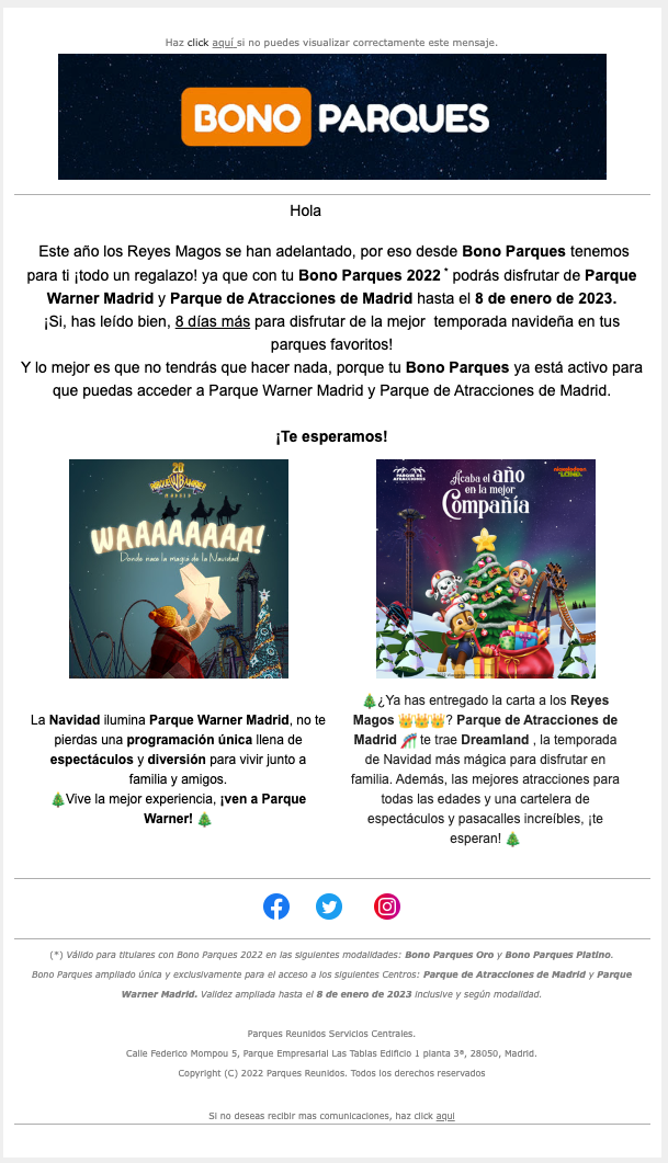 Email de Bono Parques con invitaciones para Navidad.