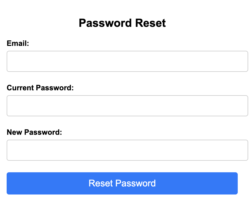 Image of email, current, and new password fields for a password reset form.